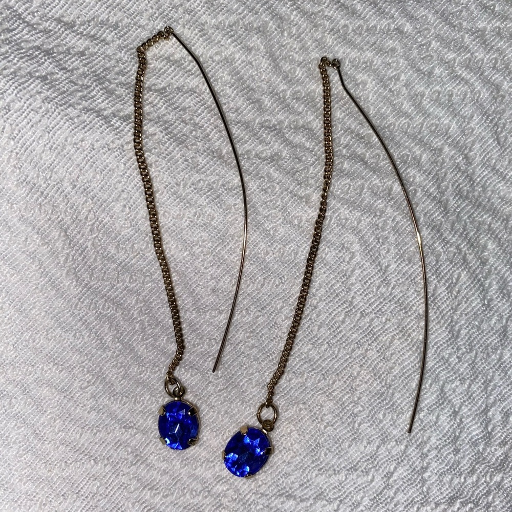 CRYSTAL BLUE DROP STONE Dangling Drop Earrings + Skinny Long Dangling Earrings